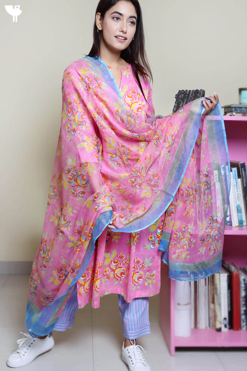 Kota Doria Dupatta With Floral Block Print